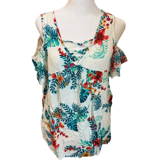 SIGNATURE STUDIO WOMEN'S SIZE LARGE FLOWY SHORT SLEEVE FLORAL BLOUSE - Picture 1 of 10